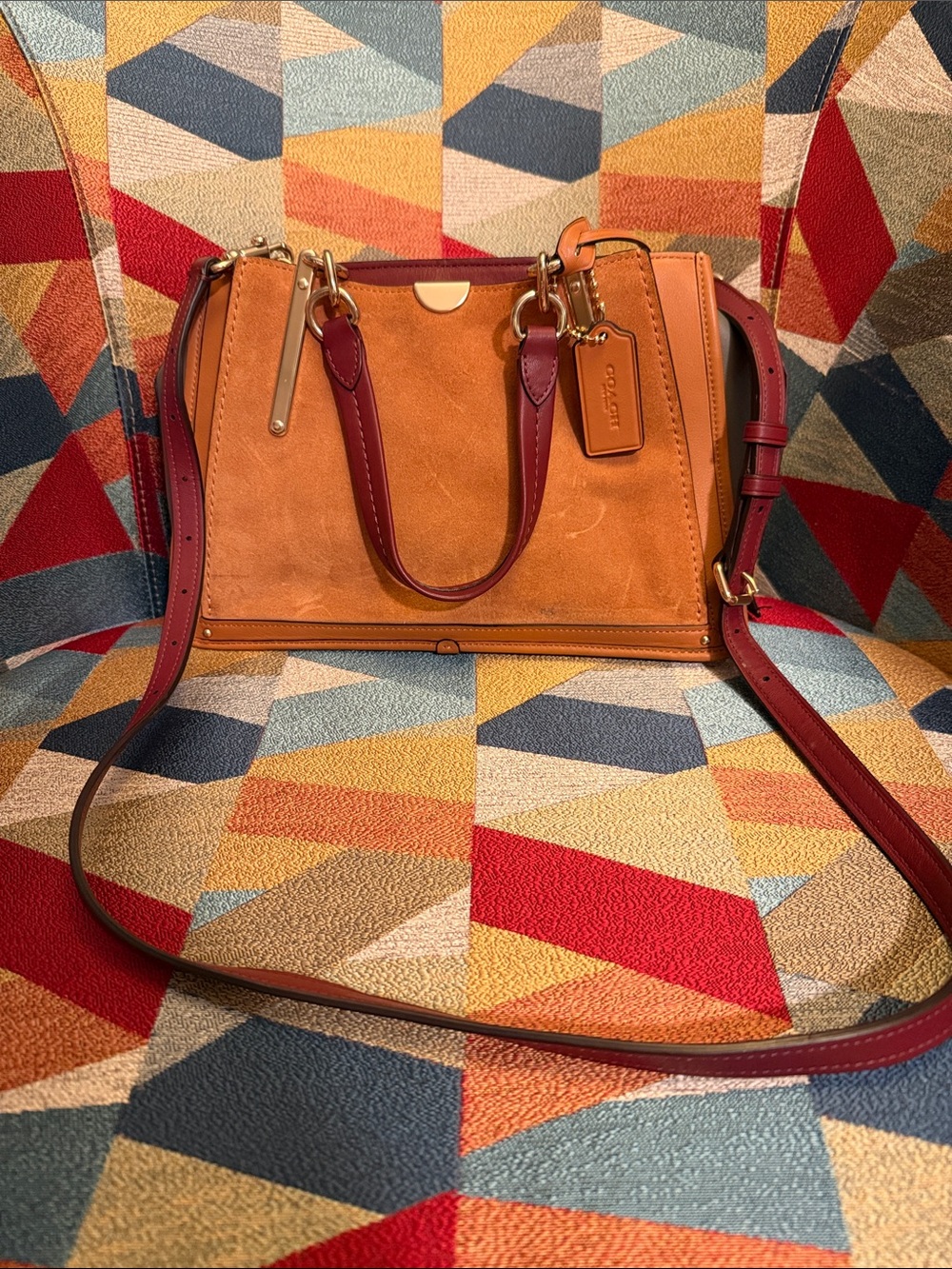 Coach Suede and Leather Satchel in Tan with Burgundy Trim